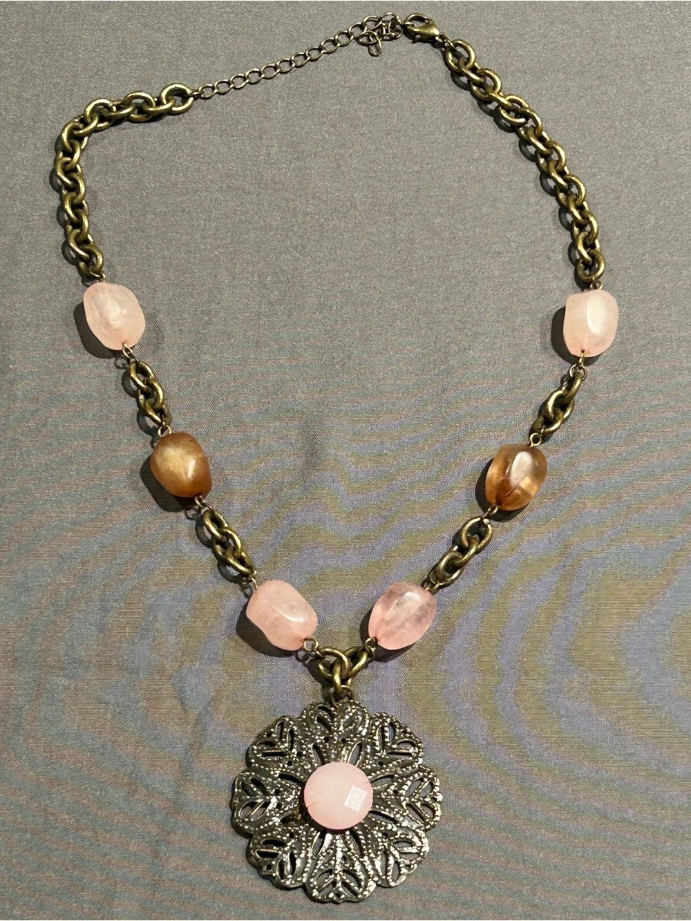 Bohemian Brass Tone Necklace with Pink and Brown Stone Details